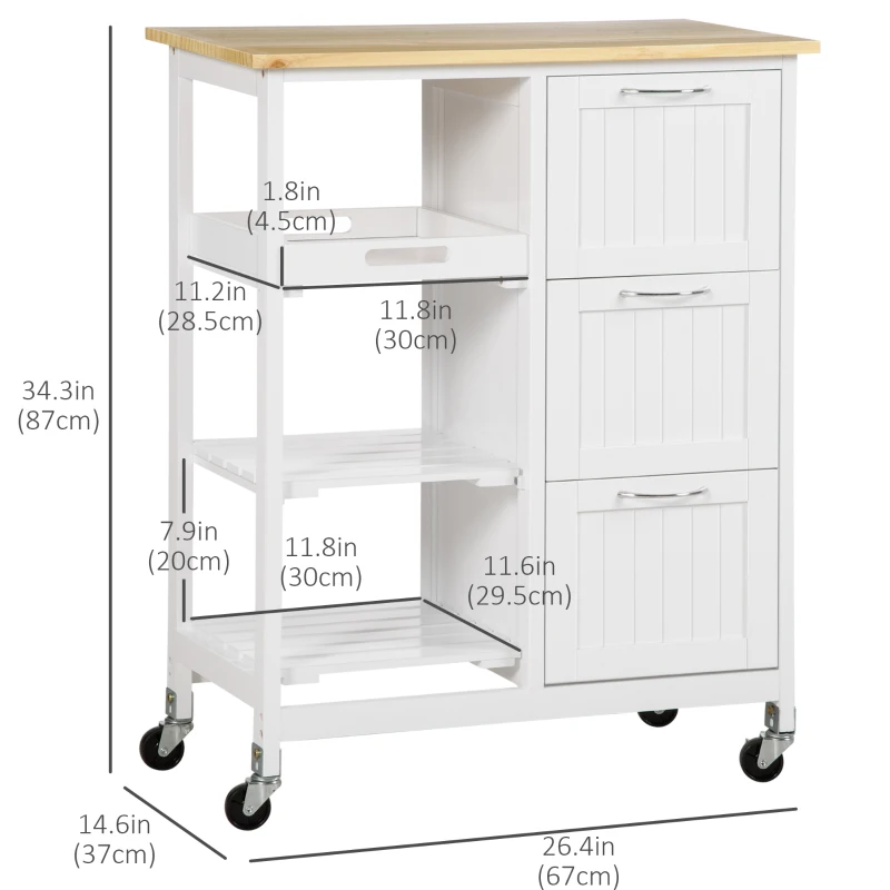 HOMCOM Kitchen Cart, Kitchen Island Coffee Bar Cart on Wheels with Wooden Top, Utility Trolley with 3 Storage Drawers, 2 Shelves, Removable Tray for Dining Room, White