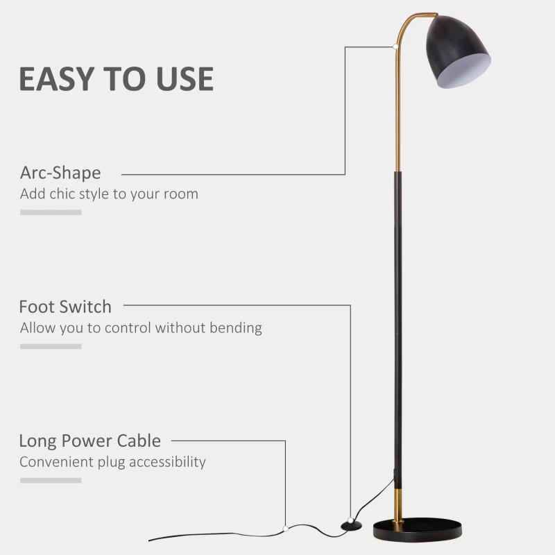 HOMCOM Arc Floor Lamp, Standing Reading Light, with Adjustable Lampshade, and Round Base for Living Room, Office, or Bedroom, Black/ Gold