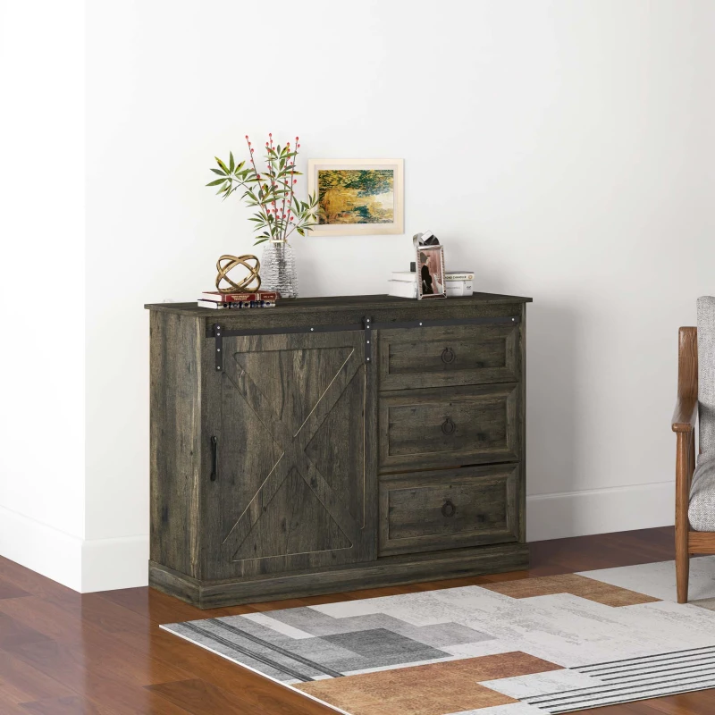 HOMCOM Farmhouse Kitchen Sideboard, Buffet Cabinet with Sliding Barn Door and 3 Storage Drawers for Living Room, Dark Gray