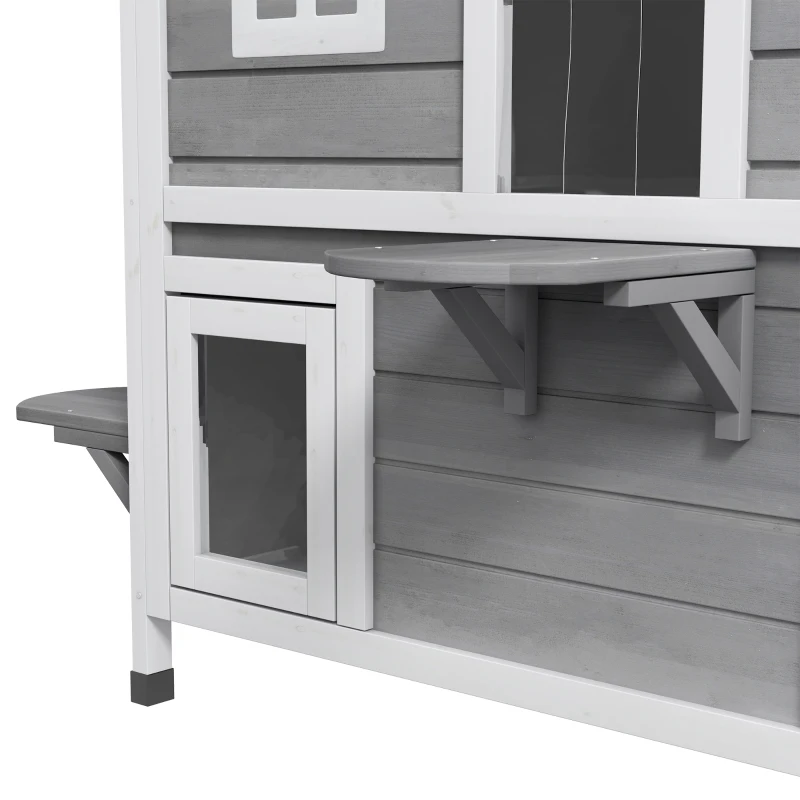 PawHut 2-Storey Outdoor Cat House, Wooden Catio with Openable Roof, Lounge Space, Fun Entrances, for Feral Cats, Grey