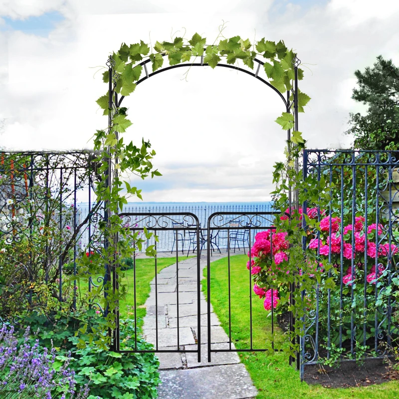 Outsunny 84" Garden Arch Arbor with Gate, Metal Arch Trellis, Garden Archway for Climbing Vines, Wedding Ceremony Decoration, Flourishes & Arrow Tips, Black