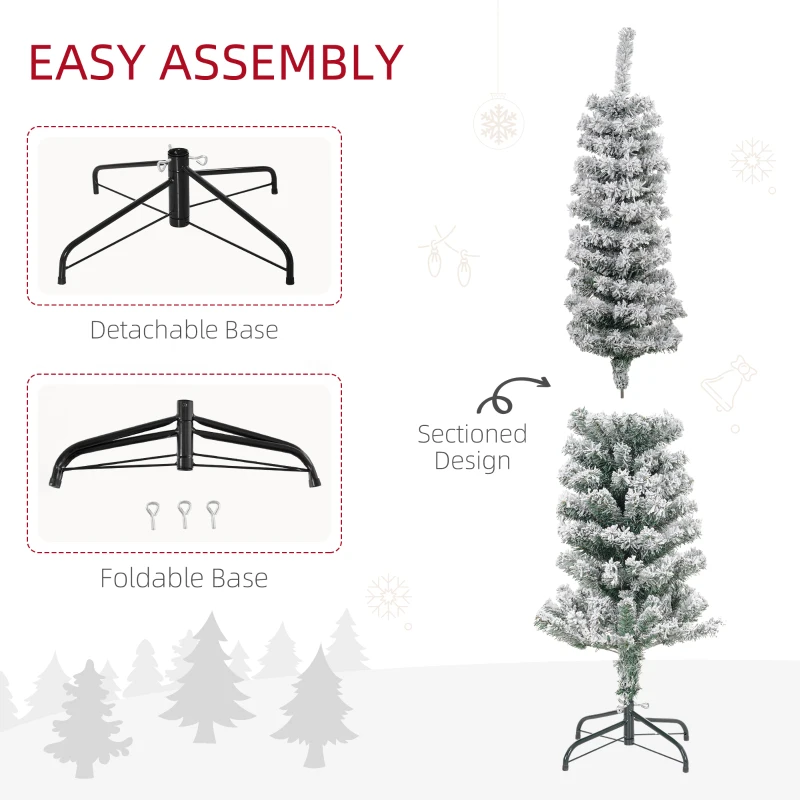 HOMCOM 5ft Flocked Christmas Tree, Pencil Christmas Tree with Realistic Branch Tips, Folding Metal Stand, Green