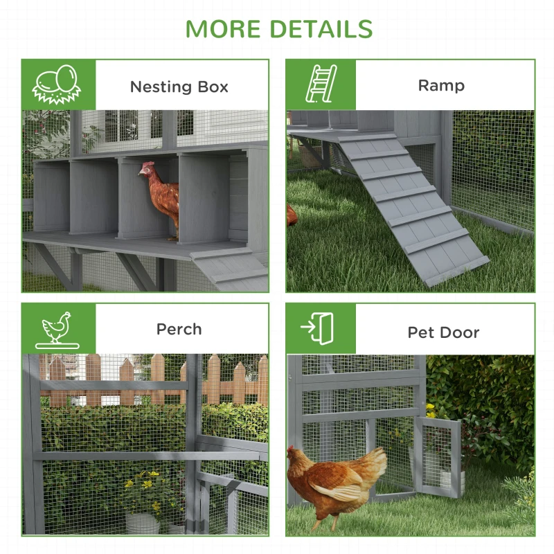 PawHut 9.2' x 6.1' Large Chicken Coop with Nesting Box, Water-Resistant and Anti-UV Cover for 8-12 Chickens, Gray