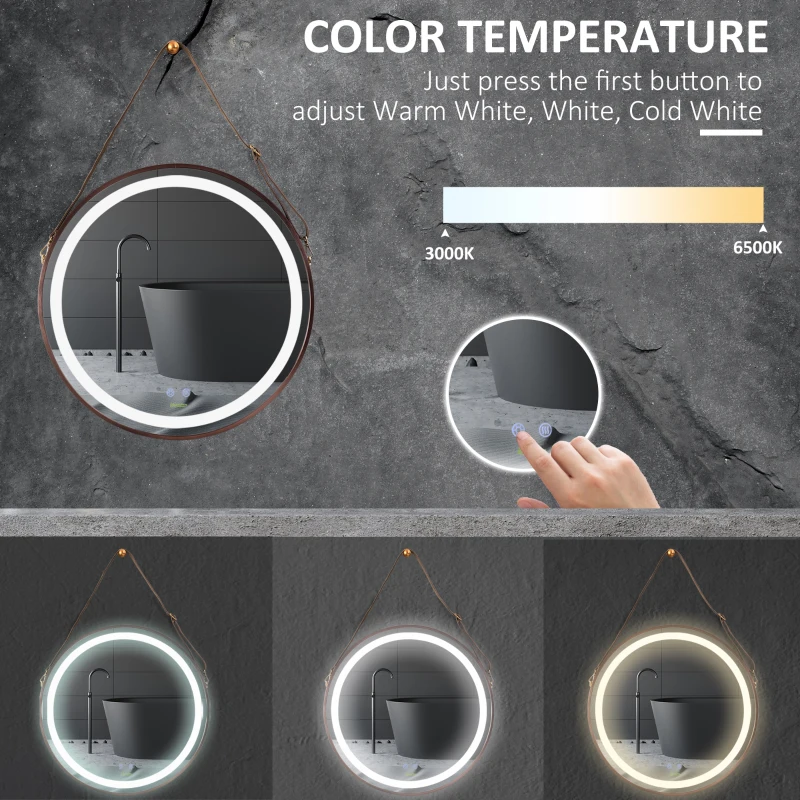 kleankin 24'' Round Led Bathroom Mirror, Dimmable Anti Fog Wall-Mounted Mirror with 3 Temperature Colors, Plug-in, Rose Gold
