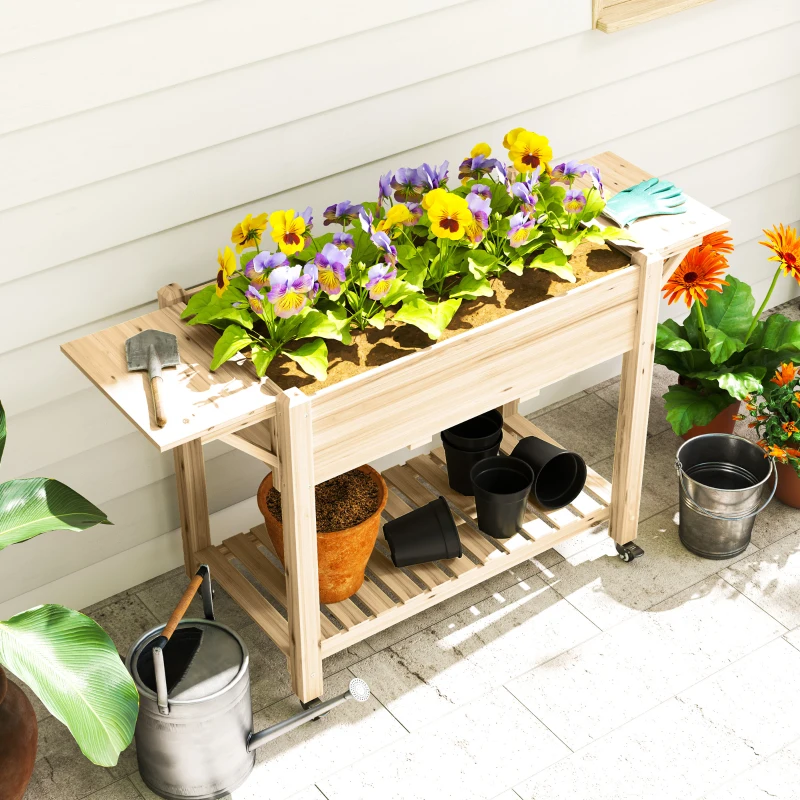 Outsunny Wood Raised Planter Box, Elevated Garden Bed with Lockable Wheels, Side Tables, Bottom Shelf, Drain Holes, Natural