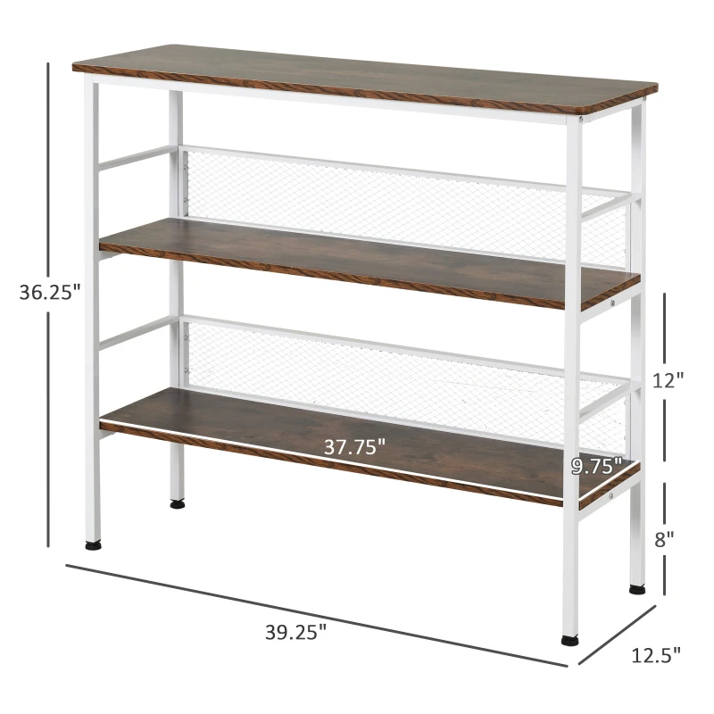 HOMCOM 3-Tier Console Table Industrial Style Storage Metal Wooden Shelf with a Robust Multi-Functional Design & Adjustable Feet, White