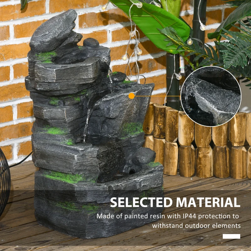 Outsunny 4-Tiered Rock Outdoor Water Fountain with LED Lights, Adjustable Flow, 22.4-inch Resin Waterfall Fountain