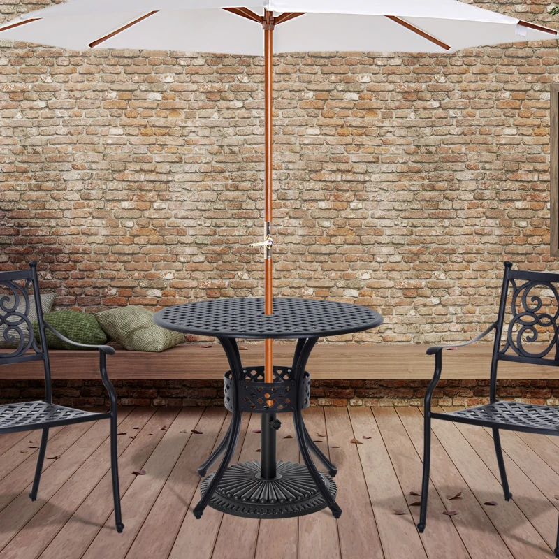 Outsunny 33-Inch Roud Patio Dining Table with Umbrella Hole, Cast Aluminum Garden Table, All Weather Patio Bisto Table, for Lawn, Garden, Outside, Black