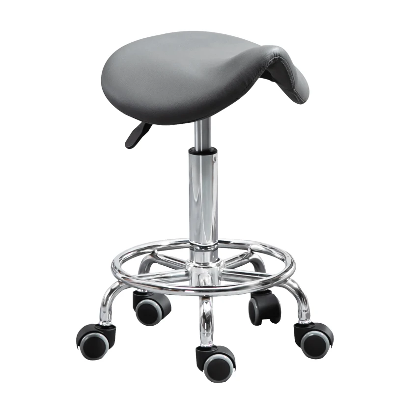 HOMCOM Saddle Stool, PU Leather Adjustable Rolling Salon Chair for Massage, Spa, Clinic, Beauty and Tattoo, Grey