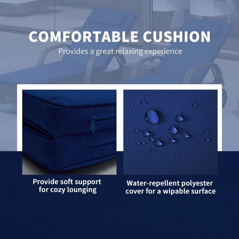 Outsunny Patio Wicker Chaise Lounge Chair Set of 2 with Table, Adjustable Backrest, Wheels, Cushion & Headrest, Dark Blue