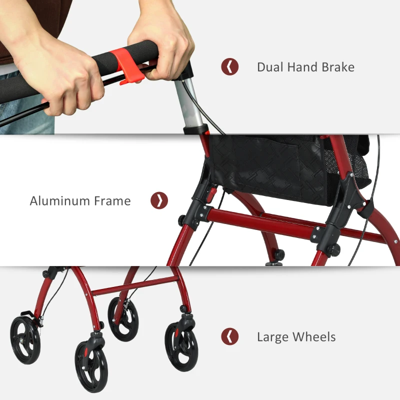 HOMCOM Upright Walker Rollator, Rolling Walker with Storage Bag, Tray, Dual Brakes, Adjustable Height, for Seniors, Red