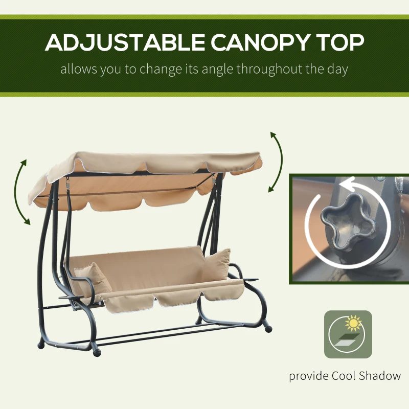 Outsunny 3-Seat Outdoor Patio Swing Chair, Converting Flat Bed, Canopy Swing with Adjustable Shade, Removable Cushions, Cup Holder, Beige