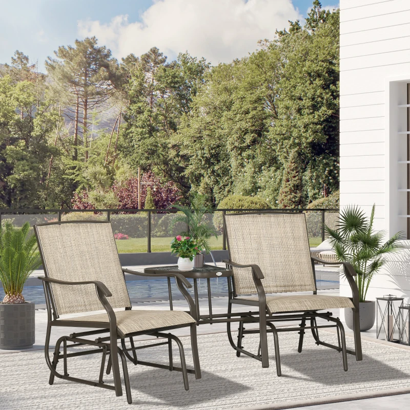 Outsunny Outdoor Glider Chairs with Coffee Table, Patio 2-Seat Rocking Chair Swing Loveseat with Breathable Sling for Backyard, Garden, and Porch, Light Brown