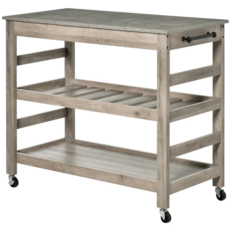 HOMCOM Kitchen Cart Rolling Kitchen Island Utility Trolley with Concrete Effect Top & Storage Wine Rack, Grey