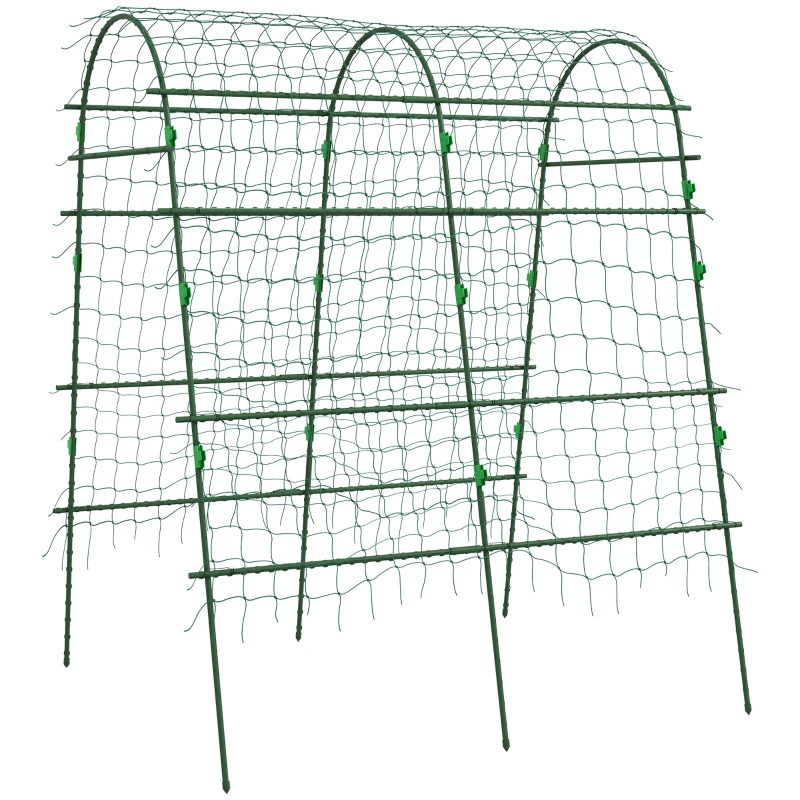 Outsunny Arched Garden Trellis w/ Climbing Net Metal Cucumber Plant Trellis A-Frame for Climbing Plants 57" x 66" x 81"