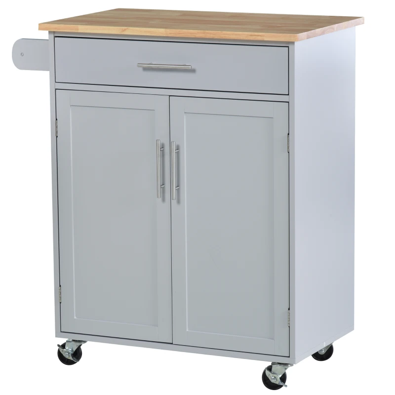 HOMCOM Kitchen Island Cart, Rolling Island Table with Solid Wood Top, Trolley Cart with Drawer, Storage Cabinet & Towel Rack, Gray