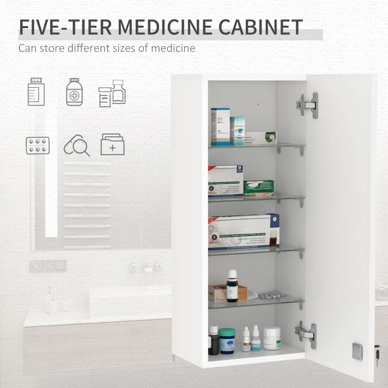 kleankin Wall Mount Medicine Cabinet, 5-tier Lockable Bathroom Cabinet with 2 Keys and Adjustable Shelves, White