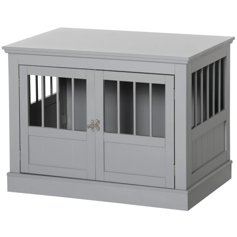 PawHut Wooden Dog Crate End Table, Dog Crate Furniture with Triple Doors, Puppy Crate for Small Dogs Indoor Use, Dark Gray