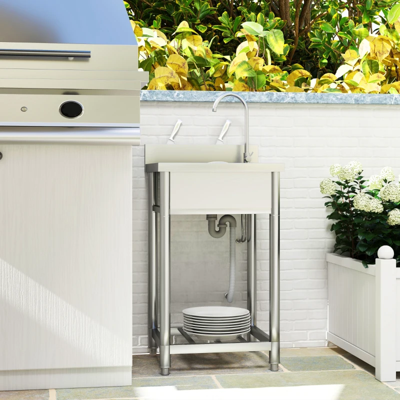 HOMCOM Stainless Steel Outdoor Utility Sink with Cold and Hot Water Pipe and Storage Shelf for Laundry Garage, 22"