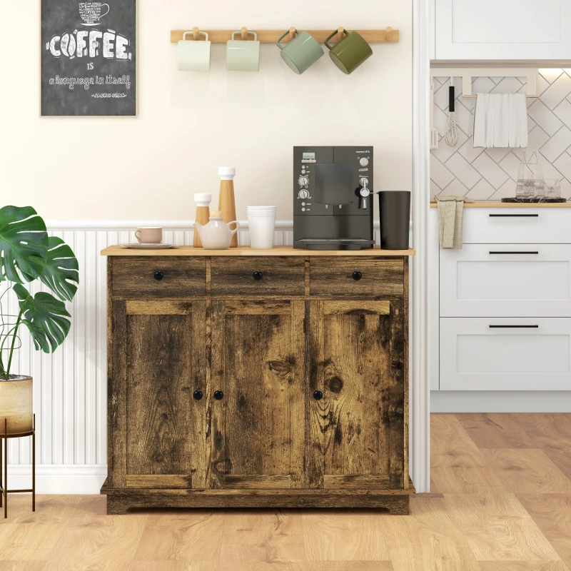 HOMCOM Kitchen Storage Cabinet, Sideboard Floor Cupboard with Solid Wood Top, Adjustable Shelf, and 3 Drawers, Brown
