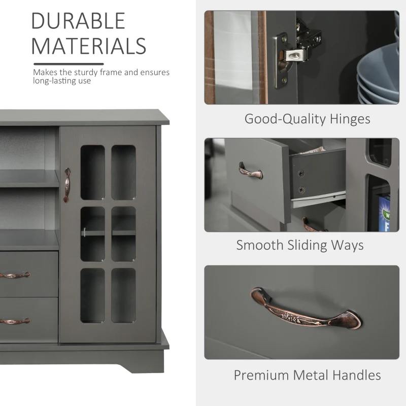 HOMCOM Sideboard Buffet Cabinet, Kitchen Cabinet, Coffee Bar Cabinet with 2 Framed Glass Doors, 2 Drawers and 2 Open Shelves for Living Room, Gray