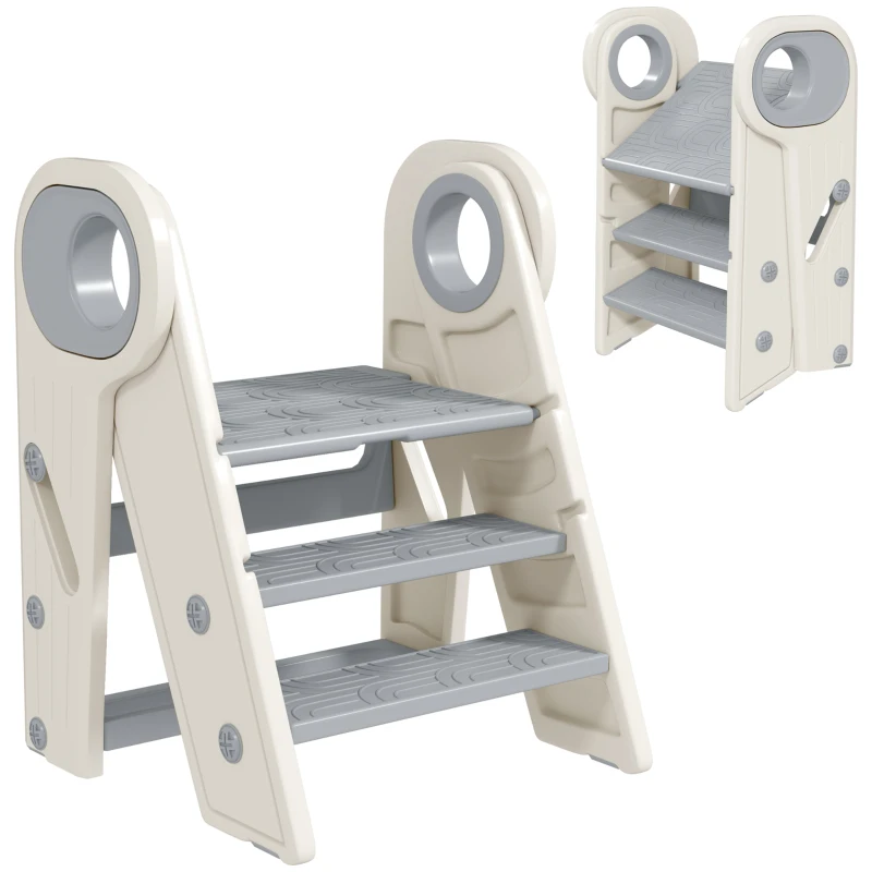Qaba Foldable & Adjustable Kitchen Stool Helper with Handles, Non-Slip, for Bathroom, Sink, Kitchen, Gray