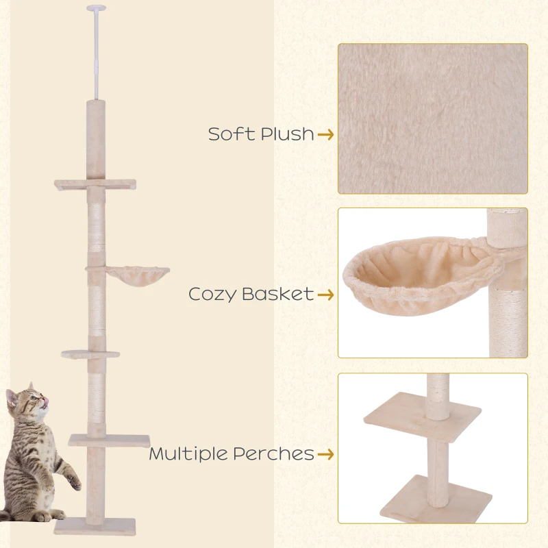 PawHut 8.5ft Cat Climbing Tree 5-Tier Kitty Activity Center with Scratching Post Beige