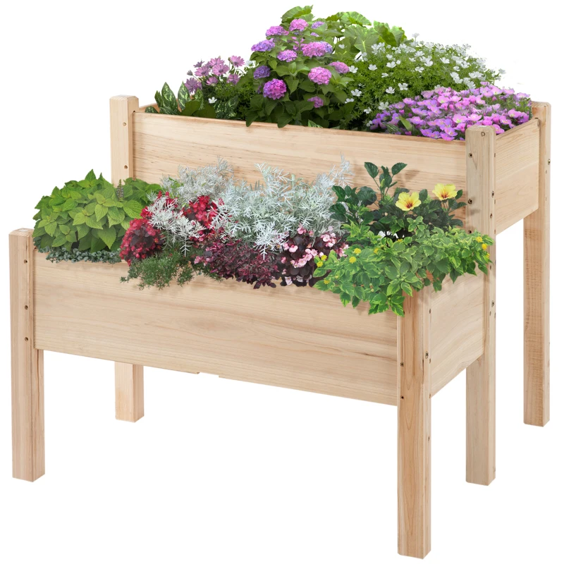 Outsunny 34"x34"x28" 2-Tier Raised Garden Bed Wooden Planter Box for Backyard, Patio to Grow Vegetables, Herbs, and Flowers