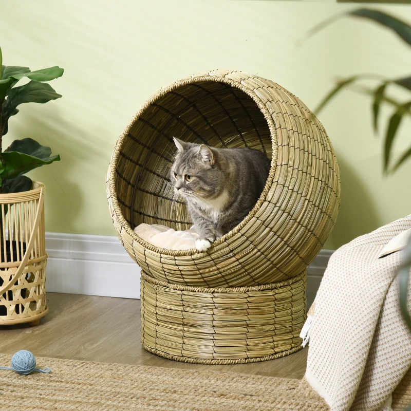 PawHut Handwoven Elevated Cat Bed with Soft Cushion & Cat Egg Chair Shape, Cat Basket Bed Kitty House with Stand, Raised Wicker Cat Bed for Indoor Cats, 23.5" H, Yellow