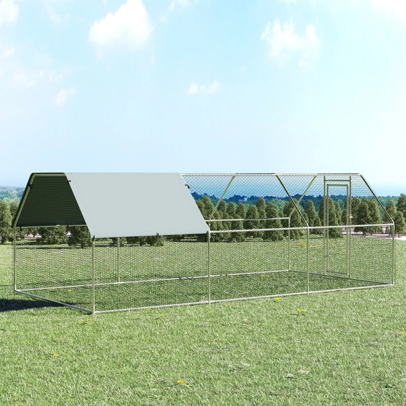 PawHut Large Chicken Coop Metal Chicken Run for Chickens with Waterproof and Anti-UV Cover, Flat Shaped Walk in Fence Cage Hen House for Outdoor and Yard Farm Use, 1.26" Dia, 9' x 18.5' x 6.5'