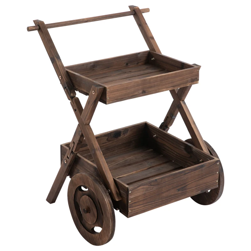 Outsunny Outdoor Plant Stand on Wheels with 2 Shelves, Wooden Flower Cart Display Stand, Wagon Decor for Garden, Patio, Balcony, Greenhouse