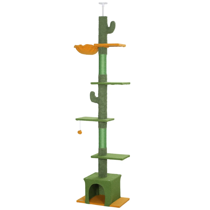 PawHut Floor to Ceiling Cat TreeTower with 90.5"-108" Adjustable Height, Scratching Posts, Hammock, Comdo, Toy Ball, Green