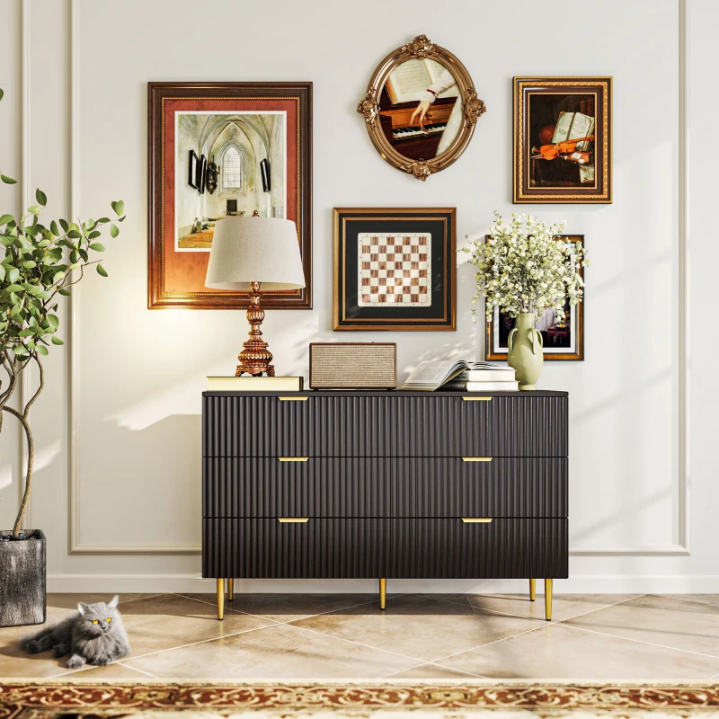 HOMCOM Modern Chest of Drawers 6 Drawer Dresser for Bedroom with Gold Legs and Handles, Black