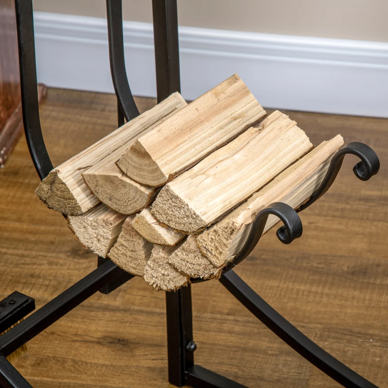 Outsunny 2-Tier Firewood Log Rack with 4 Tools 33" Fireplace Wood Holder Storage Log Rack with Shovel, Broom, Poker, Tongs and Hooks