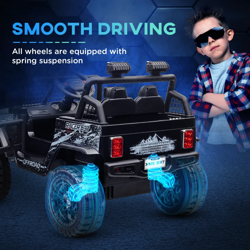 Qaba 12V Ride on Car, Ride on Truck w/ Remote, 4 Suspension Wheels, 3 MPH Max Speed, Music, Horn & Lights, Black