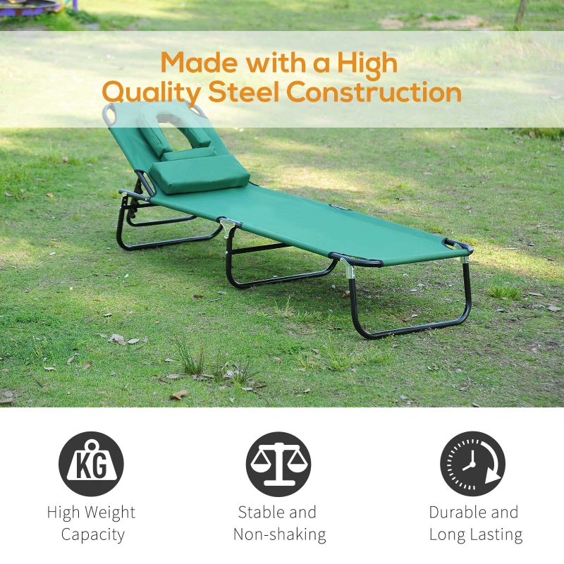 Outsunny Folding Outdoor Lounge Chair, Portable Reclining Beach Lounger with Face Hole, Detachable Pillow, 3-Position Adjustable Backrest, For Patio, Garden, Poolside, Green