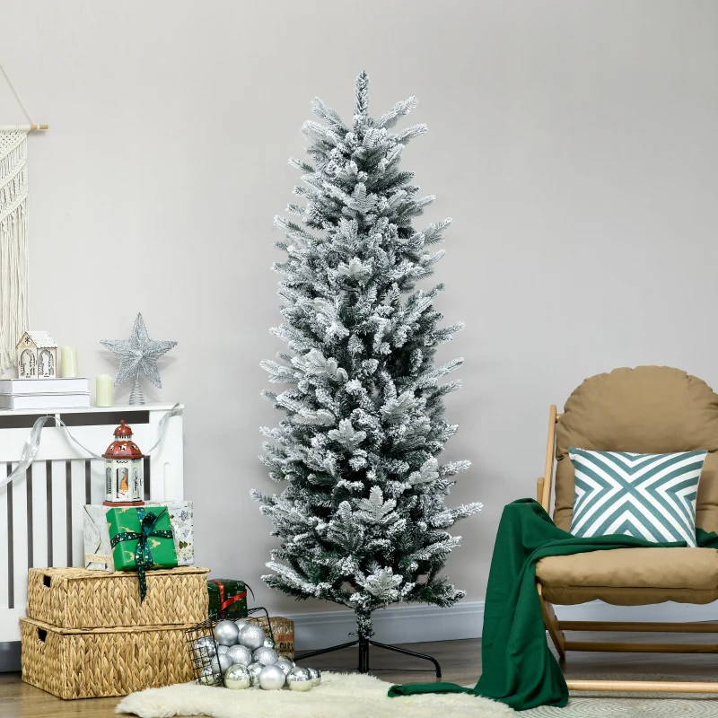 HOMCOM 6' Artificial Flocked Christmas Tree with Snow Frosted Branches, Auto Open, Steel Base
