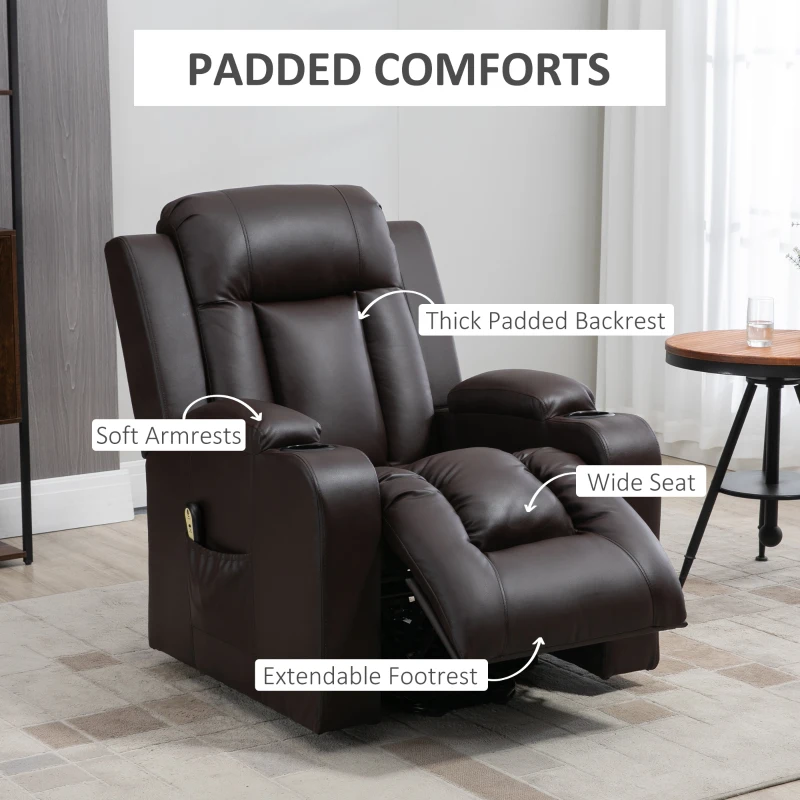 HOMCOM Electric Power Lift Chair, PU Leather Recliner Sofa with Footrest, Remote Control and Cup Holders, Brown