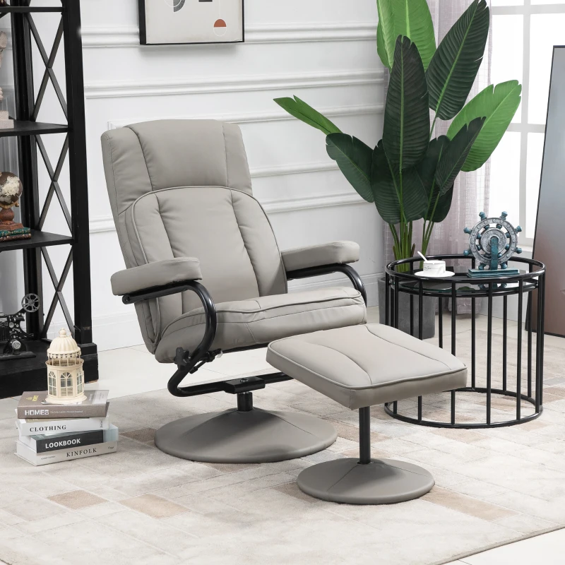 HOMCOM Swivel Recliner, Manual PU Leather Armchair with Ottoman Footrest for Living Room, Office, Bedroom, Gray