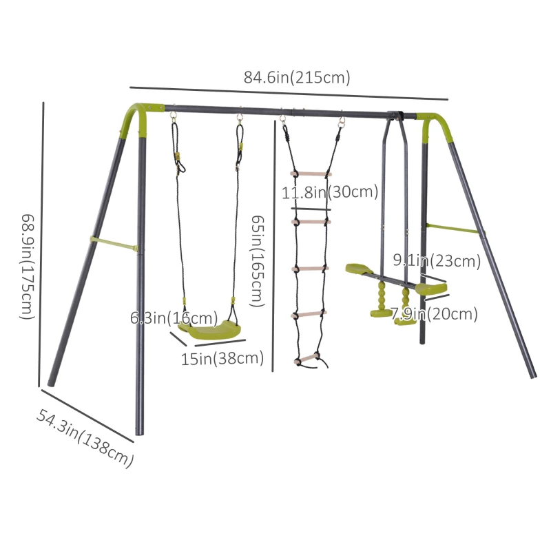 HOMCOM 3 in 1 Kids Swing Set, Double Face to Face Swing Chair & Glider Set, Climbing Ladder A-Frame Outdoor Heavy Duty Metal Swing Set for Backyard Playground
