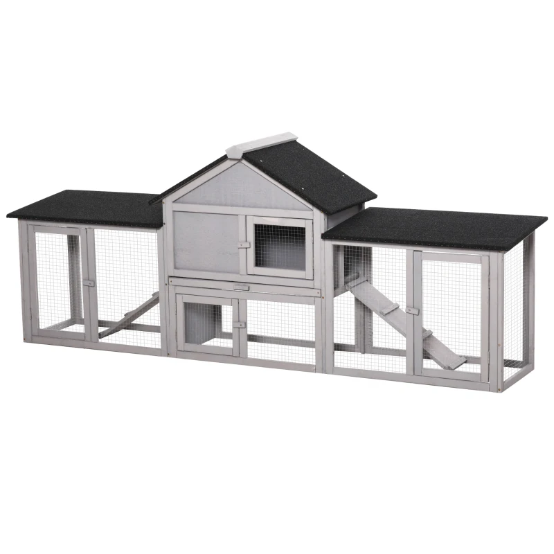 PawHut Outdoor Rabbit House 83" 2 Story Deluxe XL Wooden Rabbit Hutch Big Bunny Cage w/ Ladder and Run, Gray
