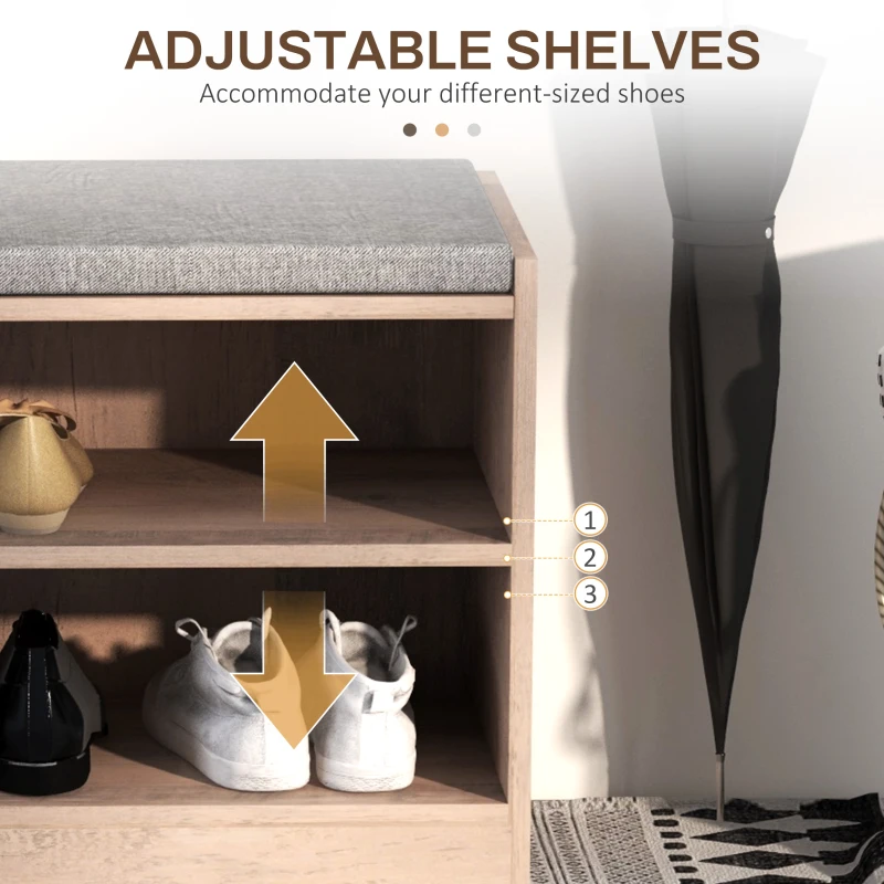 HOMCOM Upholstered Shoe Storage Bench w/ Seat, Entrance Bench w/ Drawer and 6 Open Shelves for Hallway, Grey