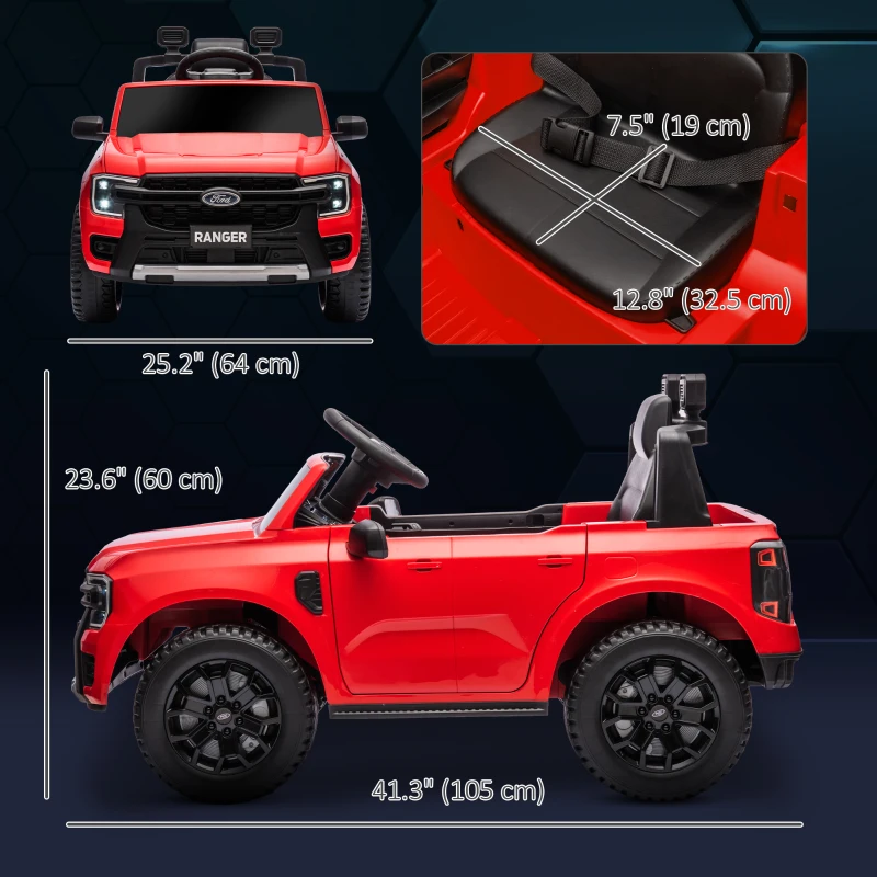 Qaba Ford Ranger Licensed 12V Ride on Car Battery Powered Kids Truck w/ Rear Storage Remote, Spring Suspension, Red