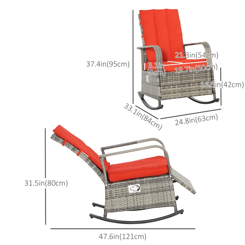 Outsunny Outdoor Wicker Rocking Chair with Cushion, Patio PE Rattan Recliner Chair with Adjustable Footrest, Armrests, Red