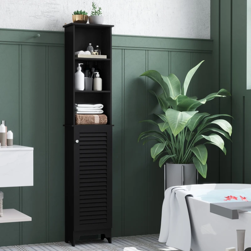 HOMCOM Tall Bathroom Storage Cabinet, Freestanding Linen Tower with 3-Tier Open Adjustable Shelf, Black