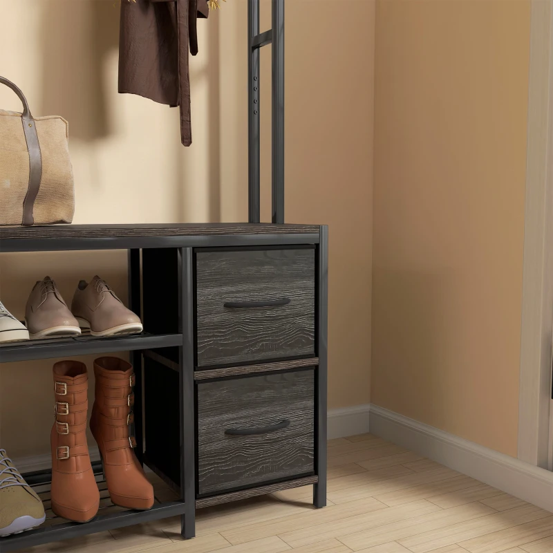 HOMCOM Hall Tree with Bench and Shoe Storage, 5-in-1 Entryway Bench with Coat Rack, 3 Storage Shelves, 2 Fabric Drawers, Gray