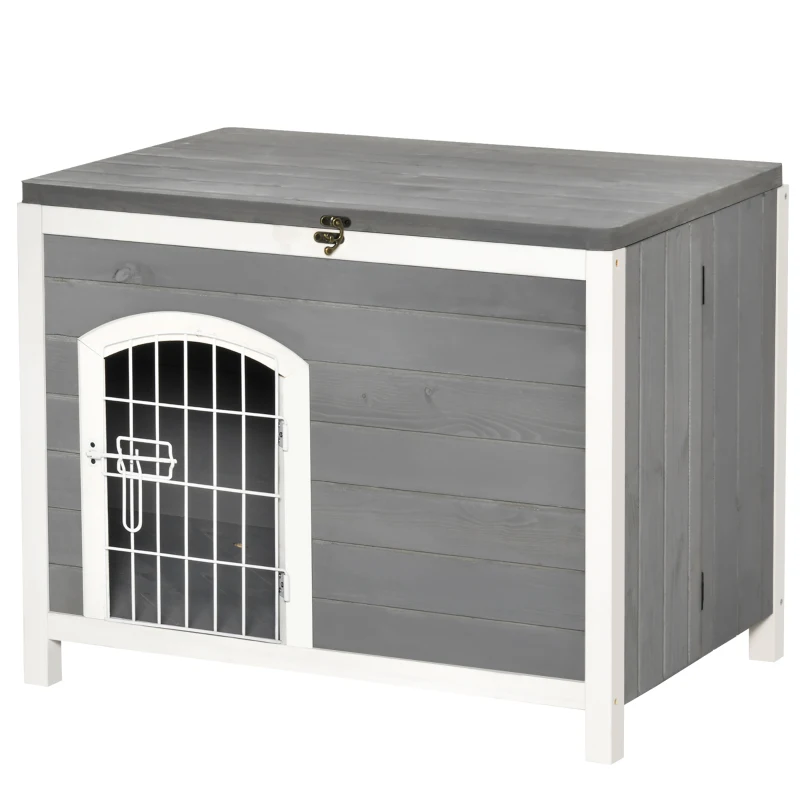 PawHut Foldable Wooden Dog House Raised Puppy Cage Kennel Cat Shelter for Indoor & Outdoor w/ Lockable Door Openable Roof Removable Bottom for Small and Medium Pets Grey