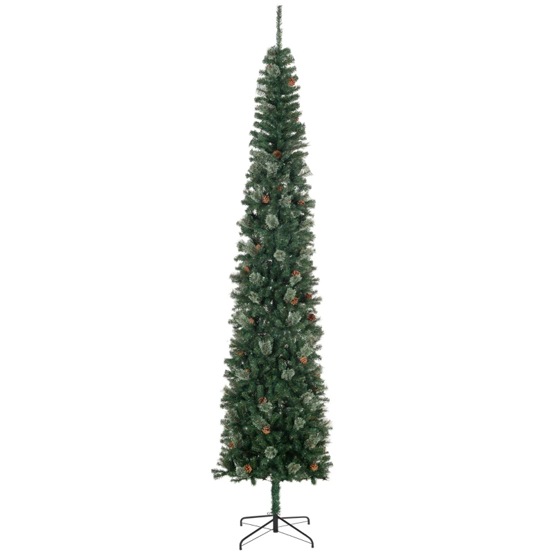 HOMCOM 9.5ft Pencil Christmas Tree, Slim Xmas Tree with Realistic Branches, Pine Cones and Metal Base, Green
