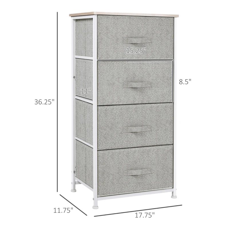 HOMCOM Linen Drawer Cabinet Organizer Storage Dresser Tower with 4 Removable Drawer Metal Frame Adjustable Feet for Living Room, Kitchen, Bathroom, White