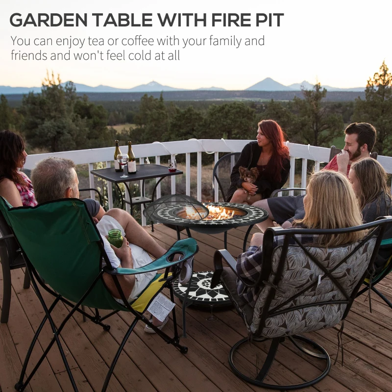 Outsunny 30" Outdoor Fire Pit Dining Table, 3-in-1 Round Wood Burning Fire Pit Bowl, Patio Ice Bucket with Storage Shelf, Spark Screen Cover for BBQ, Bonfire, Camping, Mosaic